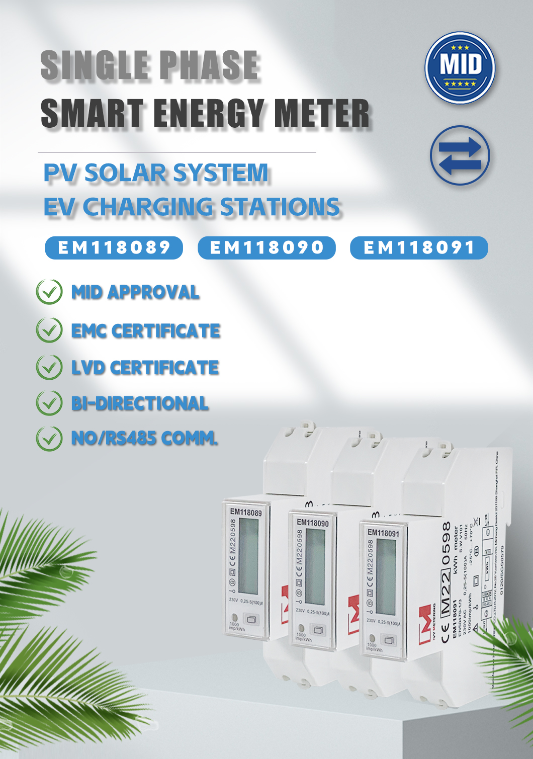 EM118090 Single Phase RS485 Modbus Power Energy Meters Bidirectionele kwh Meters With MID Approved