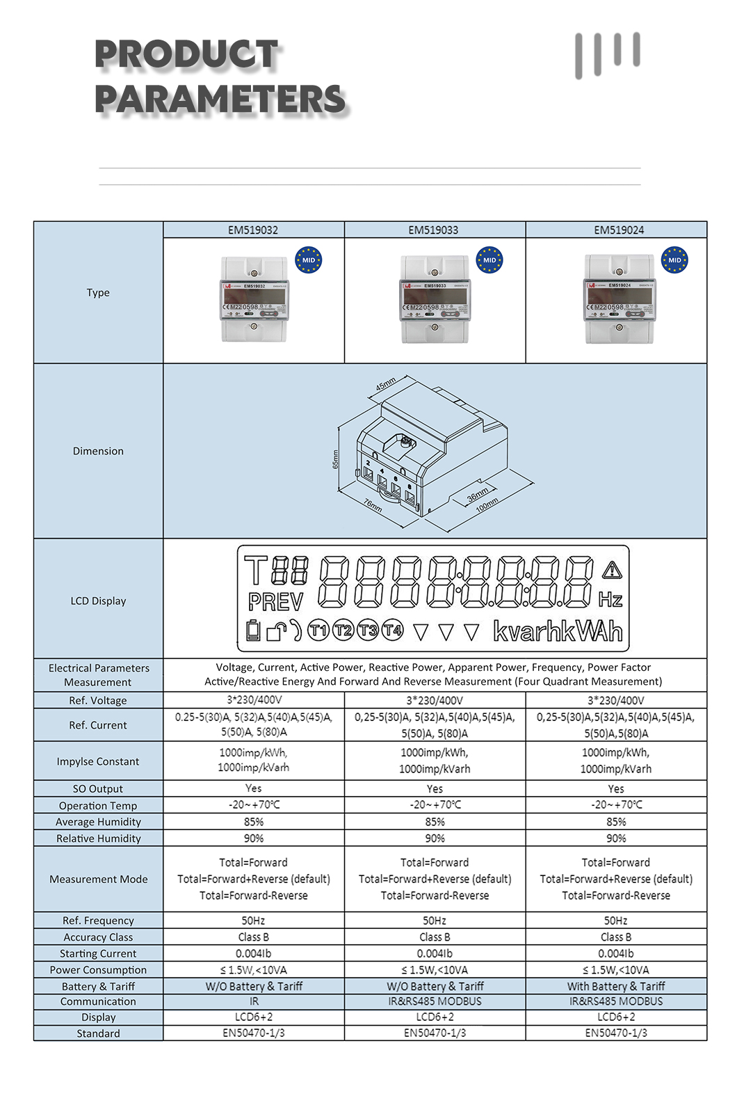 MID 3 Phase DIN Rail Multi-Tariff RS485 Modbus Electric Energy Meter With Bidirectional EM519032/33/24