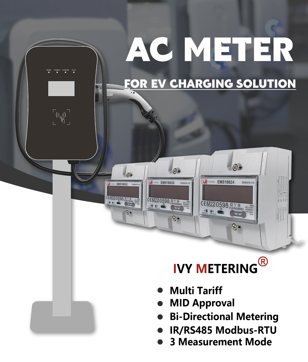 EM519032 33 24 3 Phase LCD Display RS485 Multi Tariff Bidirection Energy Meter For EV Charging Solution
