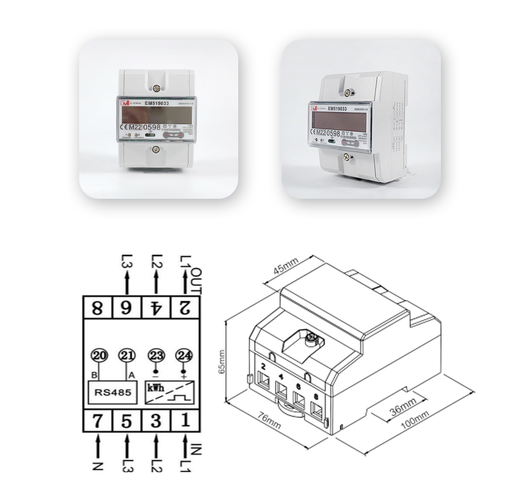 3 Phase Energy Meter with Modbus RS485 DIN Rail Grid kWh Meter EM519033