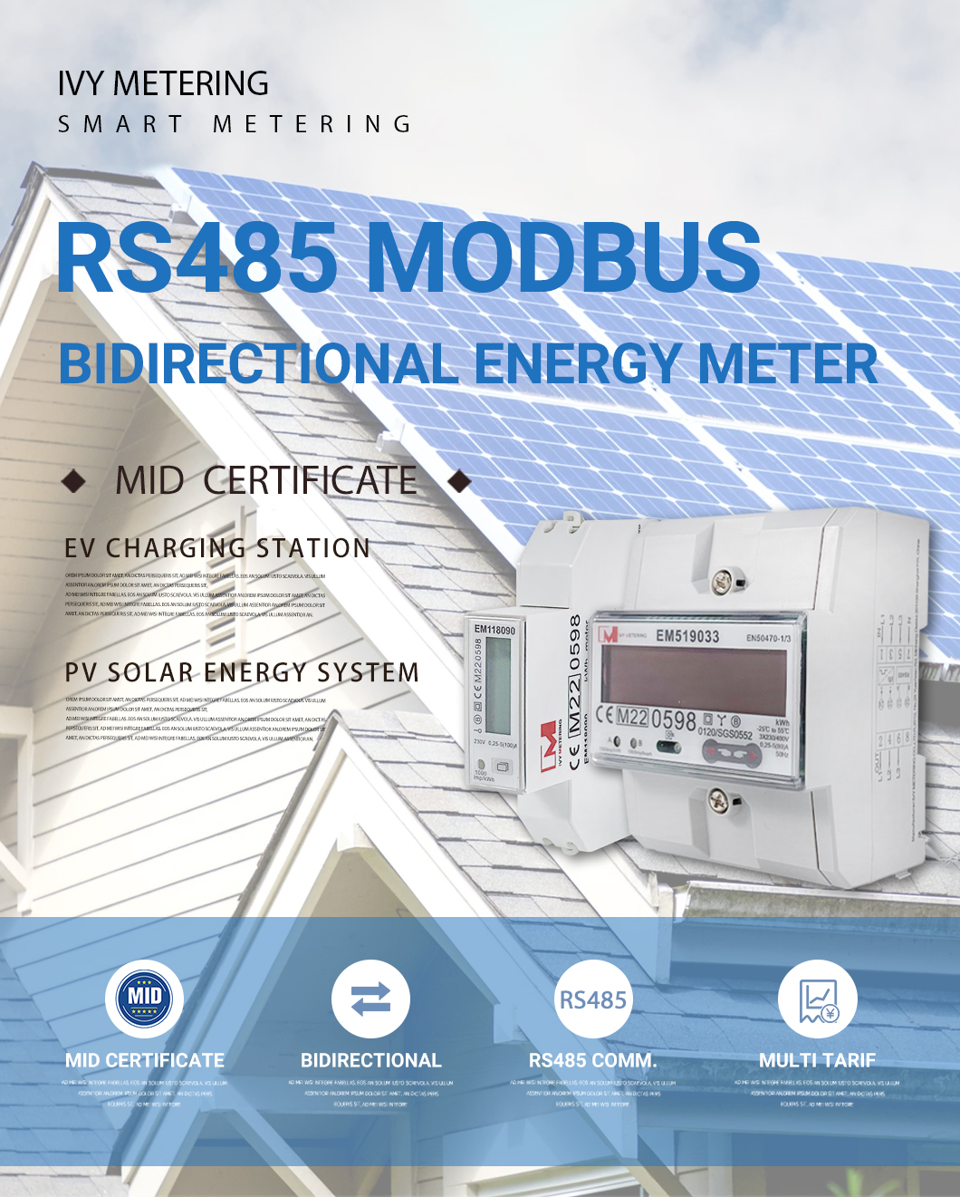 1/3 Phase MID Bidirectional Energy Meter With RS485 Modbus For PV Solar System EM118089/90/91 EM519032/33/24