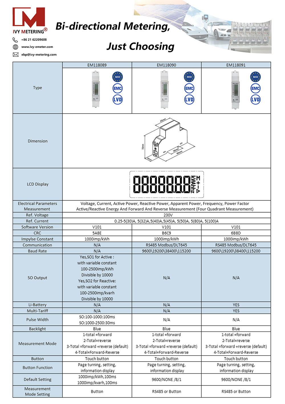 Single/Three Phase Net Metering RS485 Modbus Bidirectional Power Meter For PV Solar Energy Meter EM519032/33/24 EM118089/90/91