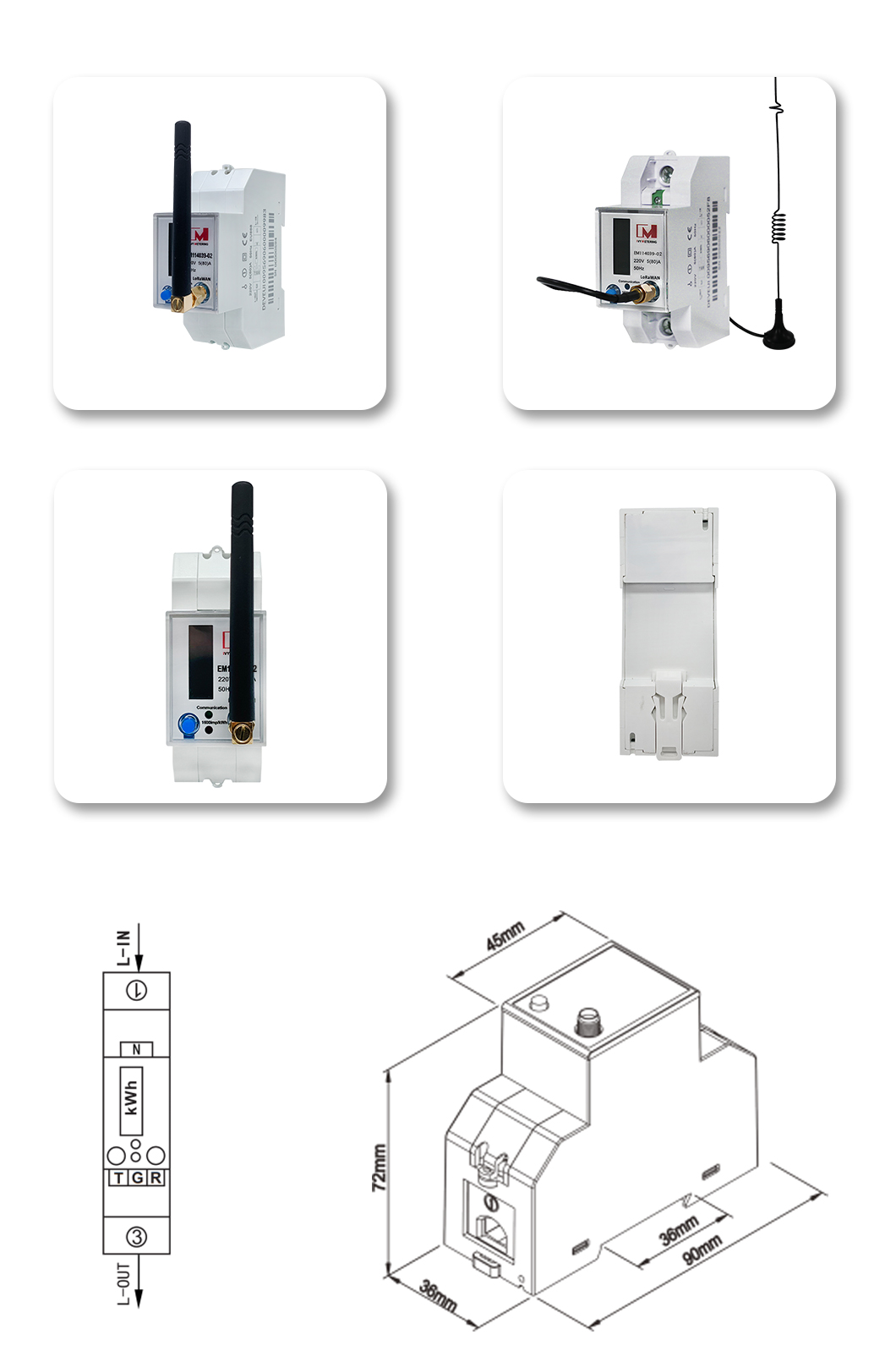 EM114039-02 LoRaWAN Energy Meter LCD Display Smart Energy Meter IoT Din Rail LoRaWAN Energy Meter Smart Single Phase EU868MHz