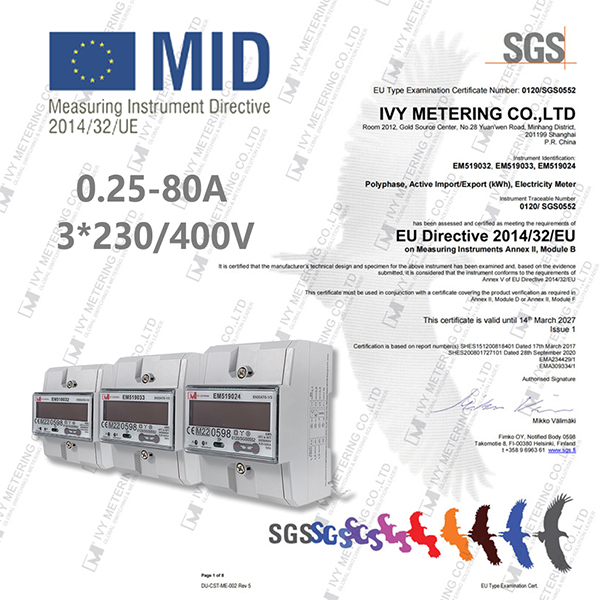 MID 3 Phase DIN Rail Multi-Tariff RS485 Modbus Electric Energy Meter With Bidirectional EM519032/33/24